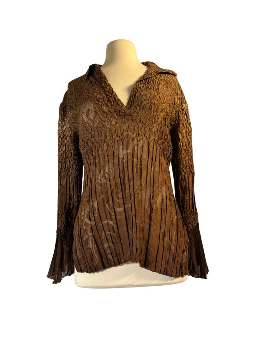 Brown Crinkle V-neck Blouse